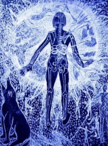 White gel pen drawing on 8 ½ by 11. Canson Mi-Teintes Ultramarine and Indigo blue Drawing Paper.and Guided Imagery Services- Reiki Treatments and Attunements.