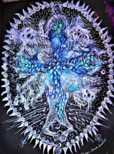 White gel pen drawing on 8 ½ by 11. Ultramarine and Indigo blue drawing. Personalized seed of life mandalas.