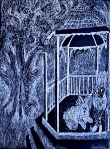 White gel pen drawing on 8 ½ by 11. Ultramarine and Indigo blue drawing paper. The Gazebo Tarot Readings.. In Vision Journeys into Creativity and Guided Imagery Services-Tarot Tales.