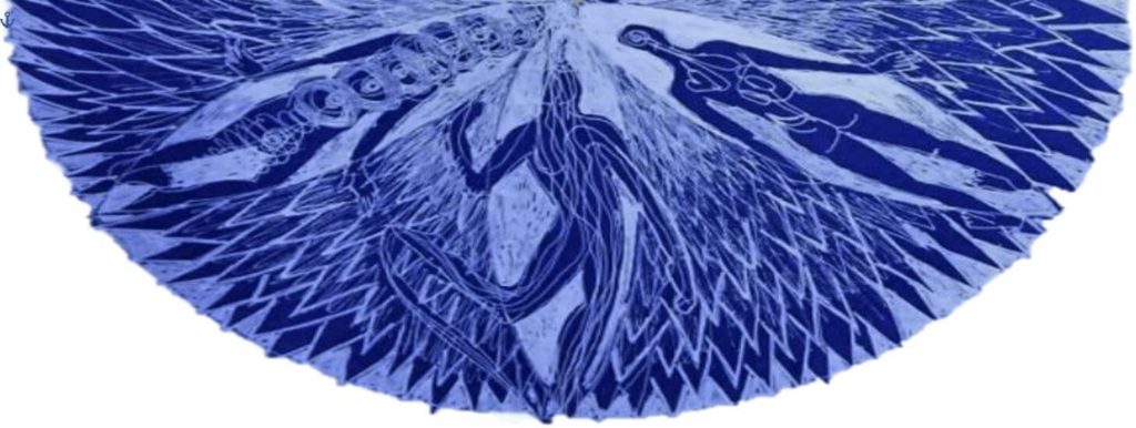 White gel pen drawing on 8 ½ by 11. Ultramarine and Indigo blue drawing paper. Half of a personalized seed of life mandala.. In Vision Flyer