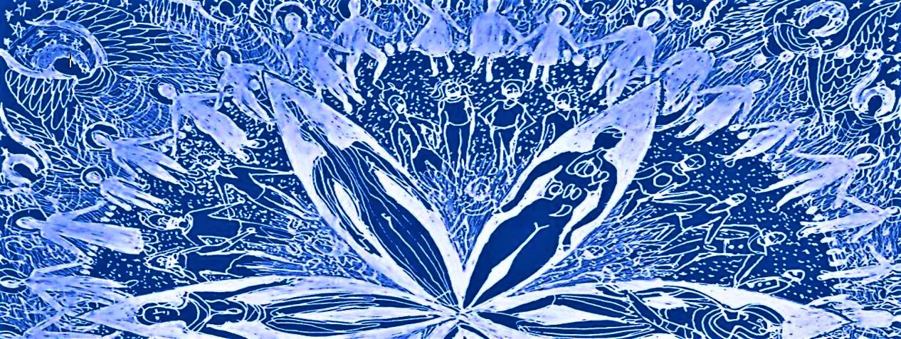 Teachers and students with COVID masks receiving guidance from spiritual gathering of angels. This is part of a whole seed of life gel pen drawing on 8 ½ by 11. Ultramarine blue drawing paper.