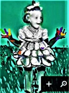 A green backgrounded drawing of a little girl with her paint covered hands gesturing away from her white dress. The image is from the About Active Imagination: Artistic Quest pages.