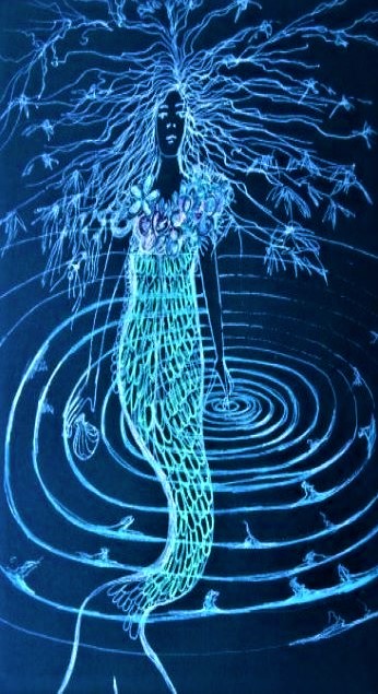 On this page is a white gel pen drawing of a mermaid. she has a green wash over her body. Her hand dips into the water creating circular ripples on the surface of the water. this image is from In Vision Journey into Creativity. It is on the About Active Imagination page