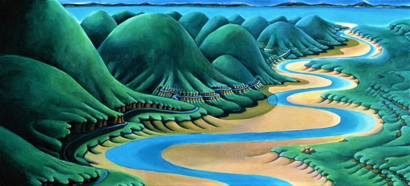 A landscape painting representing a river flowing into a mountain lake. Roadways are entwined around the grassy geen mountains