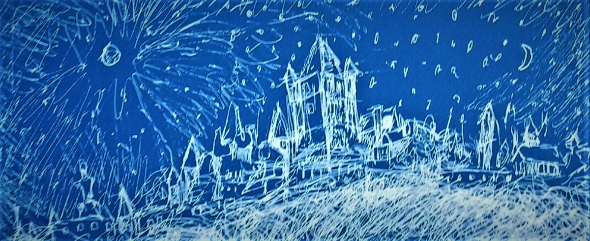 A white gel pen Indigo paper. The image is a German castle on a mountain above a village. The buildings are under a night sky. It is on the Guided Imagery and the About Active Imagination page. and Eveline Resume page