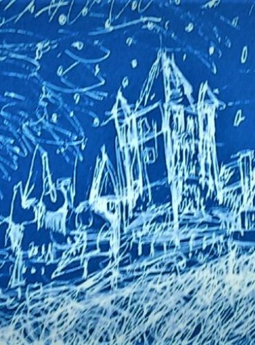 A white gel pen Indigo paper. The image is a German castle on a mountain above a village. The buildings are under a night sky. It is on the Guided Imagery and the About Active Imagination page. and Eveline Resume page